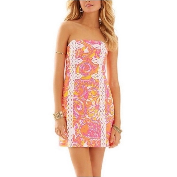 Lilly Pulitzer Tansy Dress strapless Barbie pink, yellow, white women’s size 6 - Picture 2 of 12